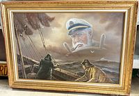 Full view of the framed oil painting showing the seascape and figures in stormy ocean with a captain's face above.