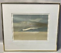 Front view of framed limited edition print showing abstract bay landscape in muted earth tones within a white mat and gold-tone frame.