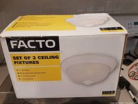 Box showing the brand Facto and that it is a set of 2 ceiling fixtures, with a picture of the fixture on the box and some product features.