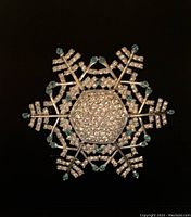 Front clear photo of Joan Rivers snowflake brooch pin showing hexagonal center cluster, silver-tone metal branches with clear and light blue rhinestones.