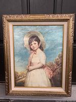 Full view of the framed portrait painting showing Miss Juliana Willoughby in white dress and hat against sky background.