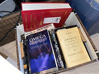 Photo showing box of books including large red hardcover dictionary, 'The End of America' softcover, and 'Omega Conspiracy' softcover.