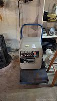 Photo of the Sentry Safe Model 1250 placed on the blue rusted hand cart inside a basement setting