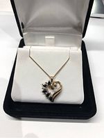 Gold necklace with heart-shaped pendant set with dark blue stones displayed in jewelry box.