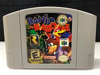 Front of the Banjo-Kazooie Nintendo 64 cartridge showing colorful label artwork and ratings.