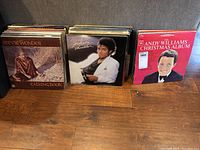 Photo showing multiple vinyl LP records including Stevie Wonder Talking Book, Michael Jackson Thriller, and Andy Williams Christmas Album.