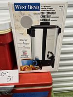 West Bend boxed coffee percolator, front view showing model and capacity details