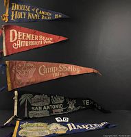 Five vintage felt pennant banners displayed horizontally showing full length and graphic details.