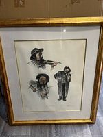 Framed vintage lithograph featuring three images of a fiddler by Tully Filmus, shows signature and numbering, overall piece with matting and gold wood frame