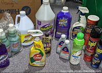 Photo showing a variety of cleaning products including Comet, OdoBan, Kaboom, Goo Gone, Bissell, Raid, Fabuloso, and other miscellaneous cleaners and insecticides.