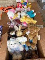 Five boxes of assorted plush toys visible, featuring many bears, bunnies, and other animals with tags attached visible on some bears