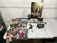 Wide shot of entire Walking Dead collection on white table showing comics, magazines, figure, poster, pins, and trading cards.