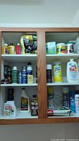 Front view of stocked kitchen cabinet with bottles and containers of cleaning supplies and disinfectants