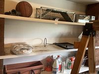 Shelf view showing live trap cage, basketball, handheld car vacuum, and window planter