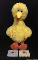 Front view of Big Bird plush seated with 2 cassettes in front