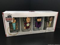 Front view of The Big Bang Theory boxed set showing four character glasses through display window.