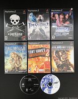 Seven PlayStation 2 video games arranged in two rows showing front cover artwork of cases and discs for the lot.