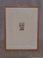 Full view of framed etching showing wood frame, mat, glass, and artwork