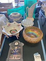 Full view of all items in the lot including the bowls, pitcher, and picture frame clock