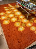 Full view of orange shag rug under coffee table showing circular pattern and overall condition