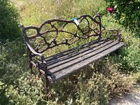 Full view of the outdoor bench showing iron frame and wooden slat seat surrounded by overgrown grass and plants.