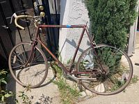 Full side view of the Peugeot 26 inch vintage bicycle showing frame, wheels, missing seat, and handlebar setup.