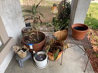Photo showing an assortment of plant pots and plant stands on a porch, including large terracotta pot and metal and plastic plant stands supporting various plants.