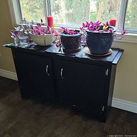 Black wooden side table viewed from the front with decorative potted plants and candles on top, placed near a window.
