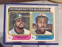 Front of the 1973 baseball card showing Reggie Jackson (AL RBI leader) and Willie Stargell (NL RBI leader).