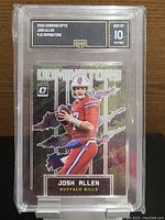 Front view of the 2020 Donruss Optic Dominators Josh Allen football card graded GEM MT 10 by GMA, showing the card artwork and grading label.
