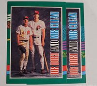 Two 1990 Donruss Dr Dirt and Mr. Clean baseball cards with Philadelphia Phillies players shown, green border with colored accents.