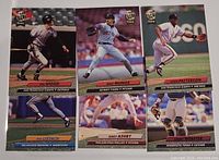 Photo of six 1992 Fleer Ultra Rookie baseball cards, showing Ted Woods, Mike Munoz, John Patterson, Pat Listach, Andy Ashby, and Lenny Webster in action poses on the front of the cards.