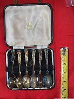 Six Birks collector spoons inside an open black case with red background. Case interior is padded with velvet and satin.