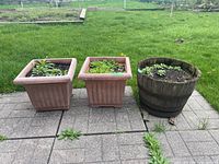 Three outdoor planters placed on a patio: two square plastic planters with ribbed sides and one round wooden barrel-style planter, all weathered and containing small plants.