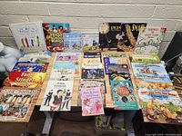 Front view of the lot showing multiple children's books arranged in rows on a table with colorful covers and titles.