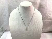 Silver-tone horseshoe necklace displayed on a white bust stand showing full length and how it looks when worn.