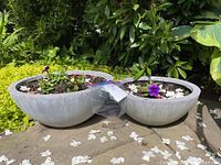Two resin garden planters of different sizes placed on a garden stone surface, filled with soil and flowering plants, surrounded by green foliage.