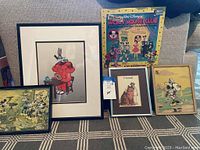 Five items displayed together: Mickey Mouse puzzle, Bugs Bunny print, Mouse Club album, cheese cat cartoon, and Minnie Mouse framed picture.