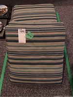 Photo of two striped patio cushions stacked, showing green, blue, and beige horizontal stripes, tagged with lot number label.