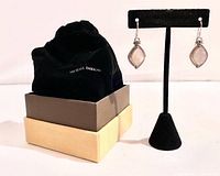Pair of diamond-shaped mother of pearl sterling silver earrings on black earring display stand with pouch and box in background.