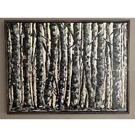 Front view of 'Dark Birch' acrylic painting on canvas in wooden floating frame showing birch tree forest scene.