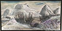 Front view of the acrylic landscape painting featuring mountains, trees, and purple-toned foliage, framed in black wood.