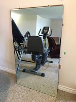 Front angled view of the large bevelled glass mirror showing reflective capability and overall condition, with exercise bike reflected.
