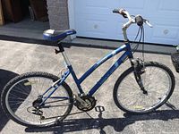 Side view of blue Carrera 26-inch bicycle with flat tires and seat in place