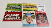 Five Topps baseball cards from 1950s-60s including 1964 Giants, Phillies, Cubs team cards, Rod Kanehl Mets card, and 1959 Ken Aspromonte Senators card.