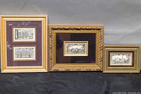 Three antique framed prints arranged side by side showing varying sizes and ornate gold frames.