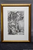 Framed black and white etched print showing the entire artwork and gold frame with minor wear.