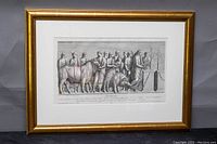 Framed full view of the antique etching print featuring a classical procession scene including animals and figures in robes.