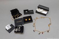 Overview photo of all jewelry items including rings, necklaces with charms, and multiple pairs of earrings, all branded Joan Rivers Classics Collection.