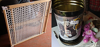 Photo showing wood baby gate with honeycomb plastic mesh and hockey-themed tin with stuffed toys visible inside